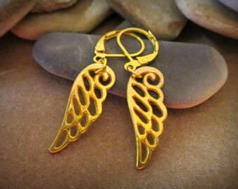 Gold Angel Wing Earrings | Lever Back Earrings | Angel Charm | Angel Wing Jewelry | Angel Earrings | Angel Gift | Guardian Angel | Christmas