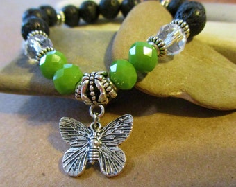 Silver Butterfly Bracelet with Lava Stone & Green Glass Beads | Stackable Stretch Bracelets | Lava Rock Diffuser Bracelet | Spring Jewelry