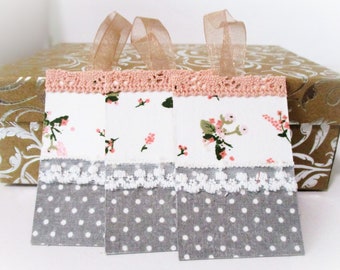 Handmade Shabby Chic Gift Tags: Floral Fabric, Lace Trim (Set of 8)