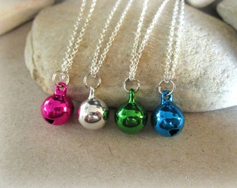 Jingle Bell Necklace: Sterling Silver Chain, Colorful Christmas Jewelry