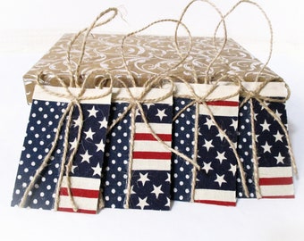 8 Fabric Covered Gift Tags in Red White and Blue Stars & Stripes | Handmade Gift Wrap Embellishments | To From Tags | Junk Journal Ephemera