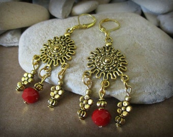 Long Red and Gold Earrings | Unique Mothers Day Gift Ideas | Cute Dangle Earrings with Flowers | Statement Earrings for Women Teens Teachers