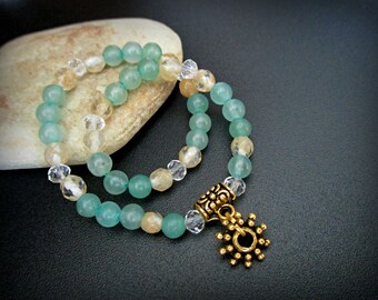 Aventurine Citrine Bracelet: Gemstone Sun Charm, Stacking Jewelry