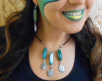 Green Agate Statement Necklace & Earrings Set: Silver Leaf Charms, Leather Cord