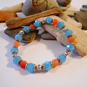 Aqua Blue Glass and Orange Agate Beaded Stretch Bracelet: Summer Beach Jewelry
