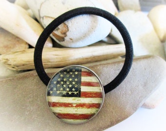 Elastic Hair Ties with Grunge US Flag | Americana Hair Ties Head Bands Red White and Blue Pony Tail Holders Hair Jewelry Hair Accessories