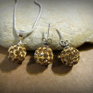 Caramel Colored Shamballa Bead Necklace & Earrings Jewelry Set | Disco Ball | Shamballa Jewelry | Dainty | Crystal | Single Bead | Delicate
