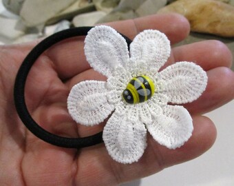 Little Bee Pony Tail Holder for Girls and Teens | Cute Elastic Hair Tie with Soft White Lace Flower | Hair Accessories | Little Sister Gift