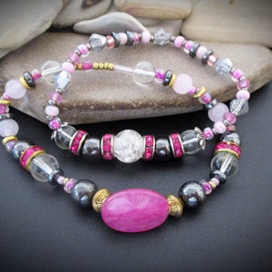 Pink Agate & Hematite Stretch Bracelets: Rhinestone Beaded Set