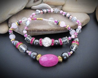 2 pulseras de ágata rosa y hematita / pulseras de piedra rosa para mujer / pulseras elásticas apilables con cuentas de vidrio y pedrería rosa caliente