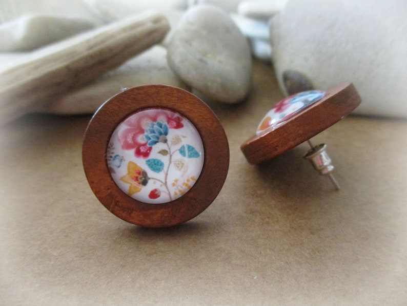 Wood Stud Earrings for Women with Polish Folk Art Flowers Handmade Wooden Post Earrings Unique Mothers Day Gifts Wife Anniversary Gift image 2