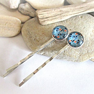 1 Pair Floral Bobby Pins Set Tiny Flowers on Blue Background Hair Clips Hair Pins Hair Accessories Hair Jewelry Wife Daughter Girlfriend image 6