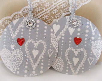5 Handmade Gift Tags Set | Hang Tags | Silver White | Hearts | Bridal Shower | Wedding | Valentines Day | Christmas | Packaging Wrapping