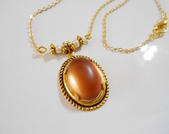 Gold Necklace with Vintage Orange Lucite Bead Faux Pearls Gold Beads & Dainty 18" Gold Plated Chain | Fall Jewelry Trends | Gifts for Women