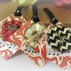 8 Handmade Gift Tags Set | Blank | Vintage Red & Black | Paper Flowers | Christmas Gift Tags | Valentines | Romantic | Packaging Wrapping