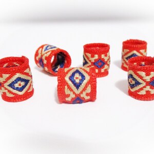 Embroidered Fabric Dreadlock Beads: Red & Blue Scandinavian Design (Set of 4)