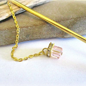 Gold Hair Stick: Pink Glass Dangle Charm, Rhinestone Detail (5 in.)