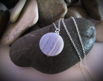 Light Blue Lace Agate Necklace: Sterling Silver Chain, Handmade Stone Pendant