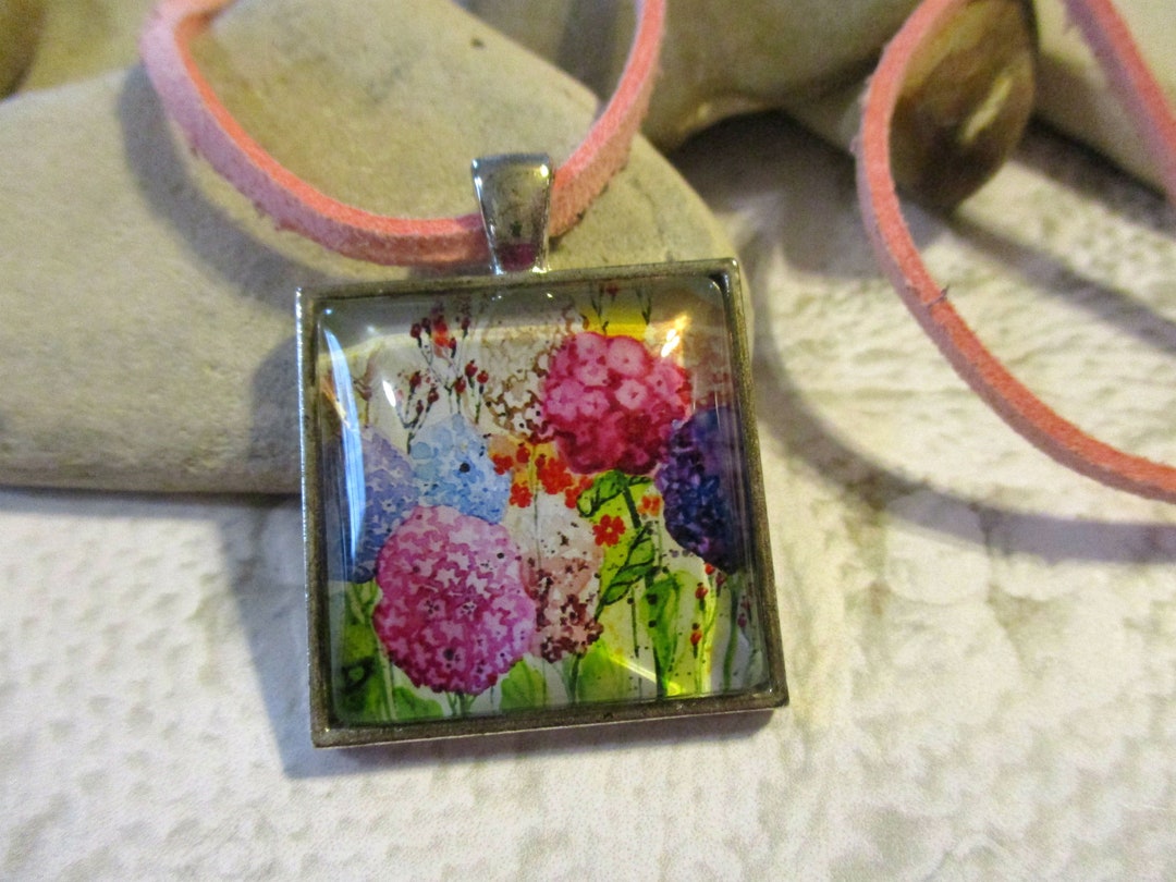 Watercolor Flower Necklace Art Glass Cabochon Pendant Square - Etsy