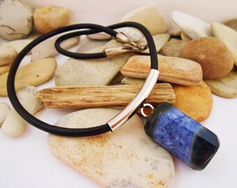 Chunky Blue Agate Pendant Necklace: Black Leather, Handmade Stone Jewelry