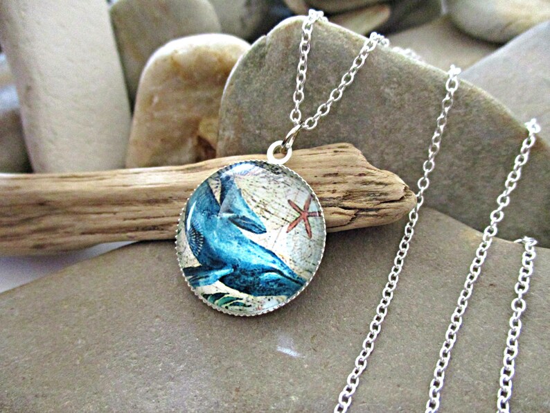 Whale Necklace Seascape Beach Ocean Art Print Picture Mom Mother and Baby Gifts Nature Sea Animals Sterling Silver Glass Dome Pendant
