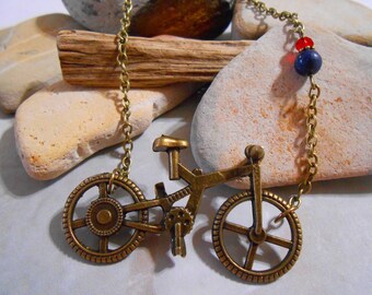 Triathlon Necklace: Brass Bike Charm, Lapis Lazuli & Swarovski Crystal