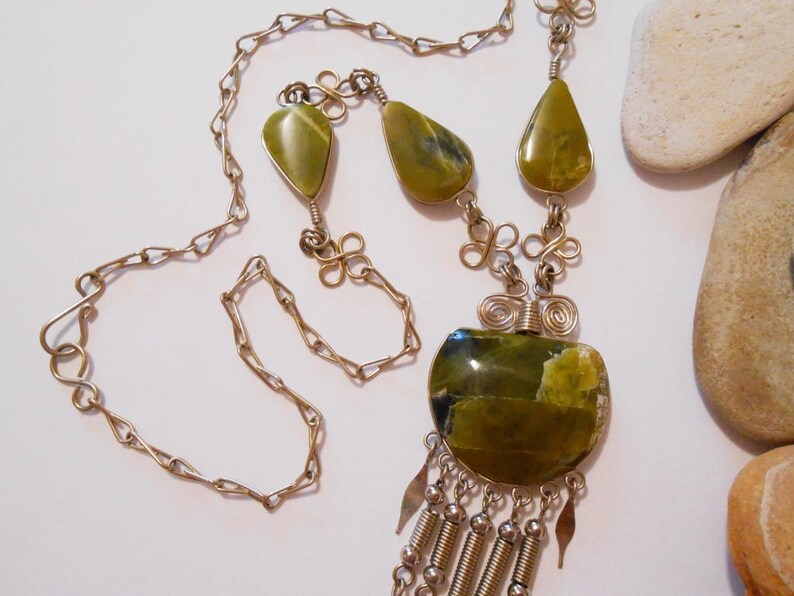 Green Soapstone Necklace Handmade Chain Green Stone Pendant Etsy