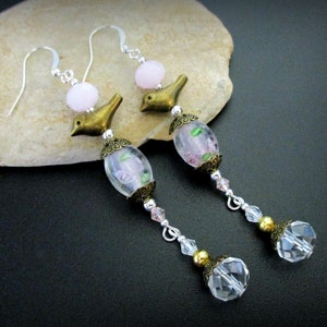 Bronze Bird Dangle Earrings: Rose Lampwork Beads, Sterling Silver Wires