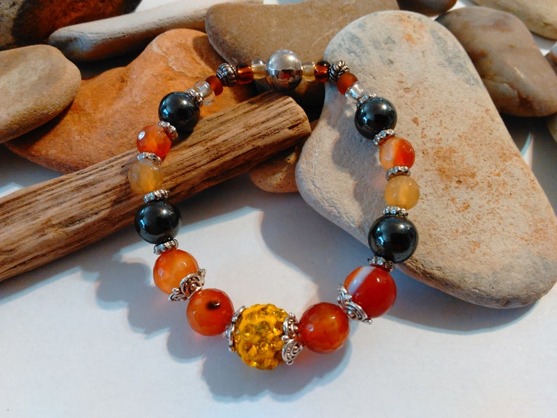 Orange Agate Stretch Bracelet Shamballa Bracelet Summer Fall Jewelry Beaded Stacking Bracelets October Birthday Gift Orange Jewelry Gifts image 1