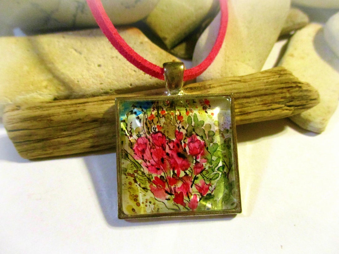 Fuchsia Pink Flower Necklace art Glass Photo Pendant - Etsy