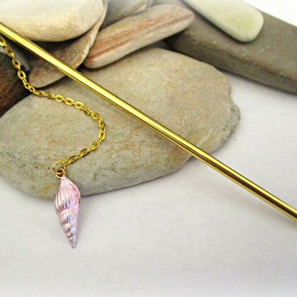 Gold Hair Stick with Pale Pink Conch Sea Shell Dangle Charm | Pink Hair Bun Accessories Long Hair Pins Hair Jewelry | 5" Scarf or Shawl Pin