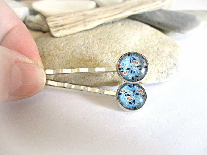 1 Pair Floral Bobby Pins Set Tiny Flowers on Blue Background Hair Clips Hair Pins Hair Accessories Hair Jewelry Wife Daughter Girlfriend image 1