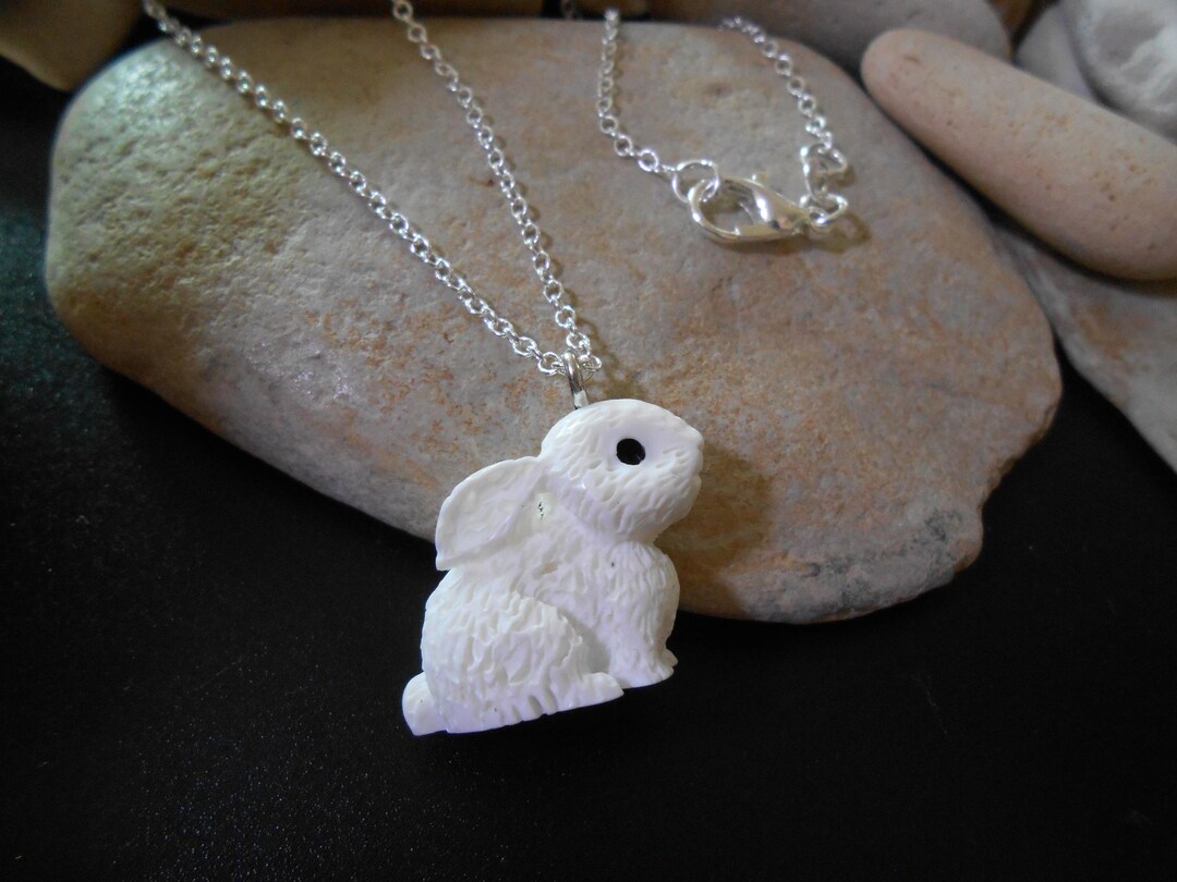White Rabbit Necklace: Sterling Silver Chain, Resin Easter Bunny Charm ...