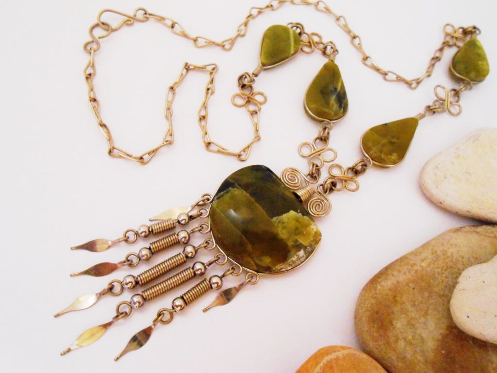 Green Soapstone Necklace Handmade Chain Green Stone Pendant Etsy