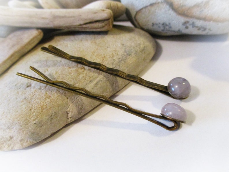 1 Pair Bronze Bobby Pins Set with Natural Gray Agate Stones Gray Hair Pins Hair Accessories Mom Grandmother Sister Wife Daughter Aunt image 2