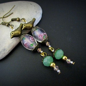 Long Lampwork Dangle Earrings | Bronze Birds, Pink Roses