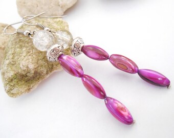 Long Magenta Mother of Pearl Earrings: Formal Silver Jewelry