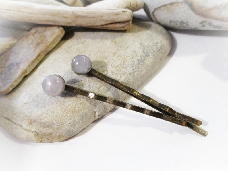 1 Pair Bronze Bobby Pins Set with Natural Gray Agate Stones Gray Hair Pins Hair Accessories Mom Grandmother Sister Wife Daughter Aunt image 4