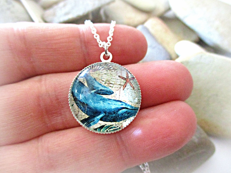 Whale Necklace Seascape Beach Ocean Art Print Picture Mom Mother and Baby Gifts Nature Sea Animals Sterling Silver Glass Dome Pendant