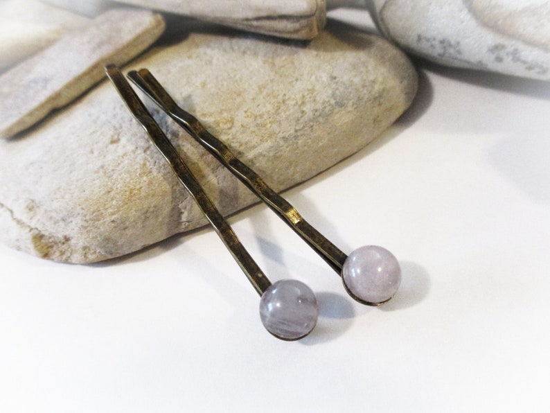 1 Pair Bronze Bobby Pins Set with Natural Gray Agate Stones Gray Hair Pins Hair Accessories Mom Grandmother Sister Wife Daughter Aunt image 1