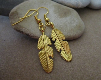 Feather Dangle Earrings: Boho Gold Tone Brass Jewelry