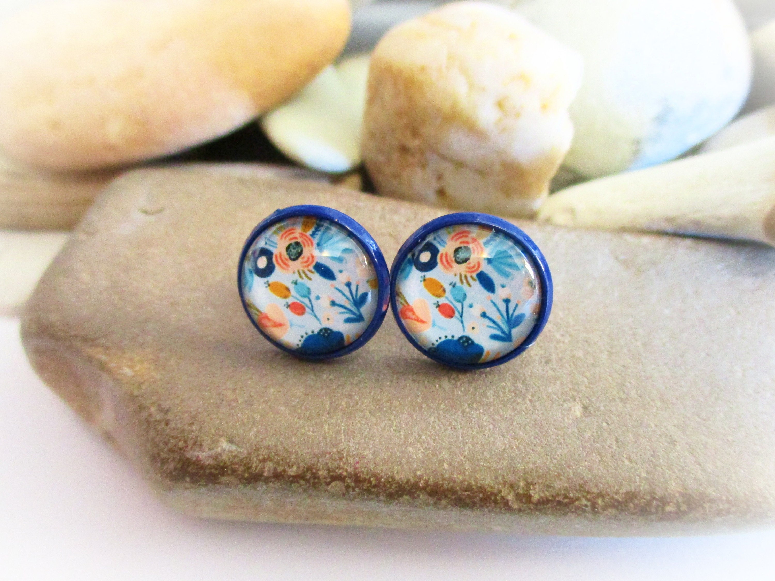 Royal Blue Stud Earrings with Flowers Post Earrings for Women Etsy