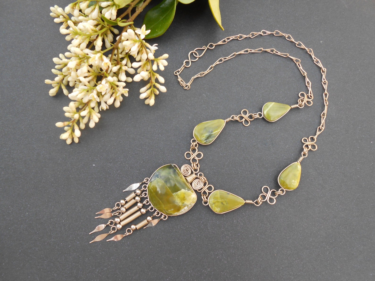 Green Soapstone Necklace Handmade Chain Green Stone Pendant Etsy