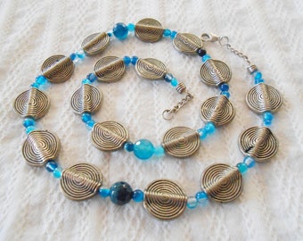 Blue Agate Necklace Silver Coin Beads Blue Gemstone Short Statement Necklace Gifts Under 30 Bolivian Jewelry One of a Kind Modern Casual
