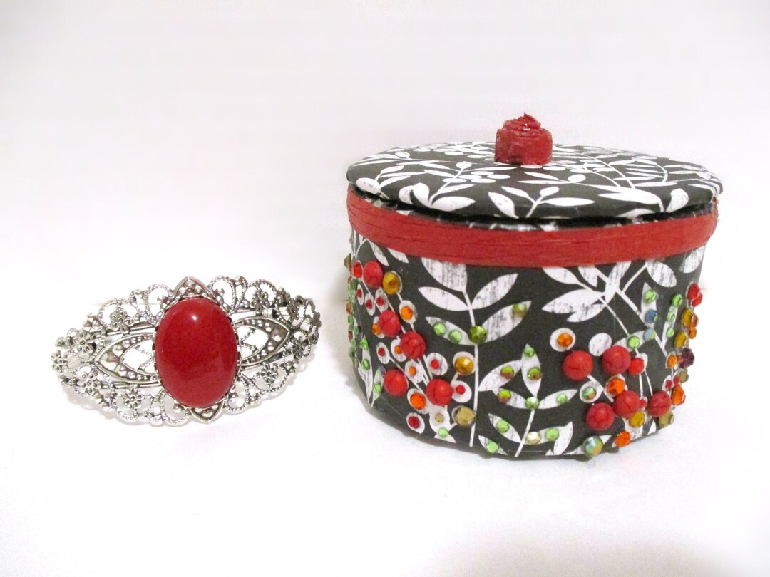 Red Turquoise Jewelry Box Black and White Floral Birthday Gift Box Red