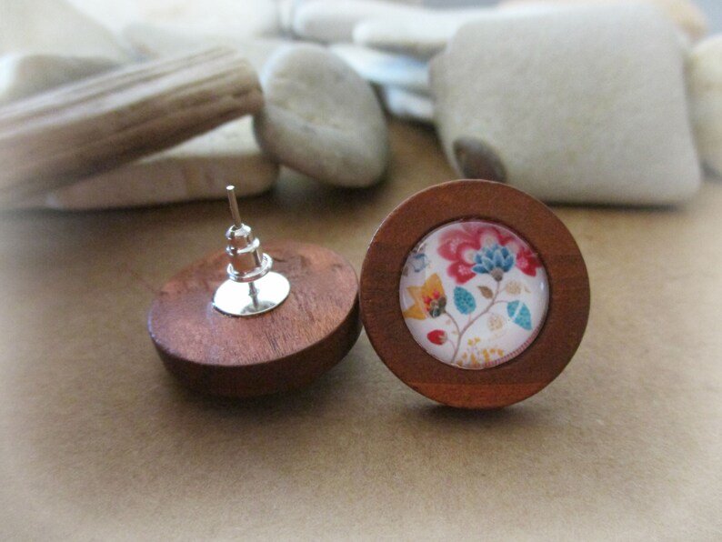 Wood Stud Earrings for Women with Polish Folk Art Flowers Handmade Wooden Post Earrings Unique Mothers Day Gifts Wife Anniversary Gift image 3