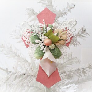 Shabby Chic Pink Wooden Cross with Lace Flowers: Baptism Gift