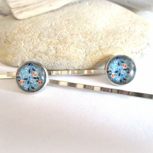 1 Pair Floral Bobby Pins Set Tiny Flowers on Blue Background Hair Clips Hair Pins Hair Accessories Hair Jewelry Wife Daughter Girlfriend image 7