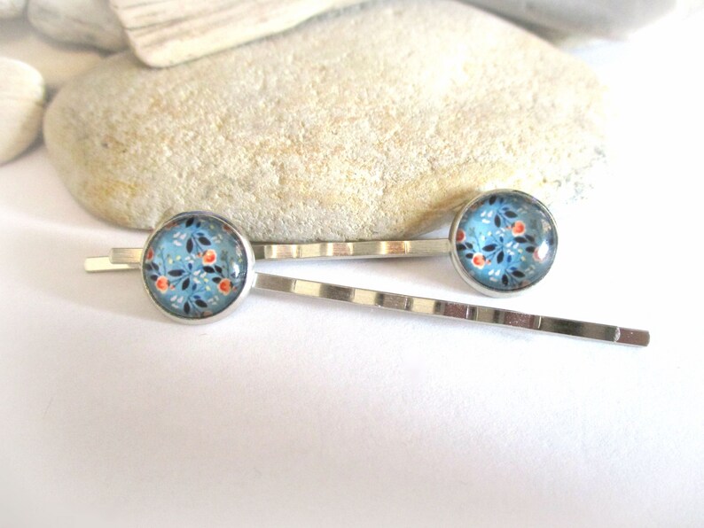 1 Pair Floral Bobby Pins Set Tiny Flowers on Blue Background Hair Clips Hair Pins Hair Accessories Hair Jewelry Wife Daughter Girlfriend image 7