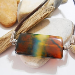 Lampwork Glass Pendant Necklace: Brown Leather Unisex Jewelry